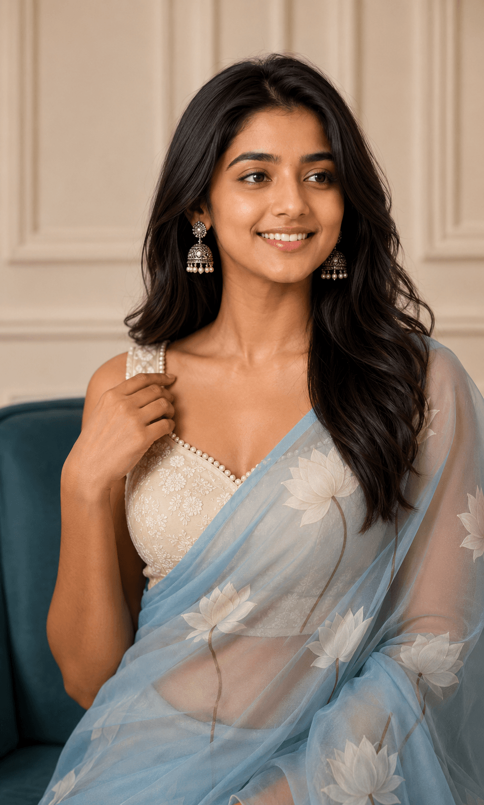 Elegant Indian Woman in Blue Organza Saree