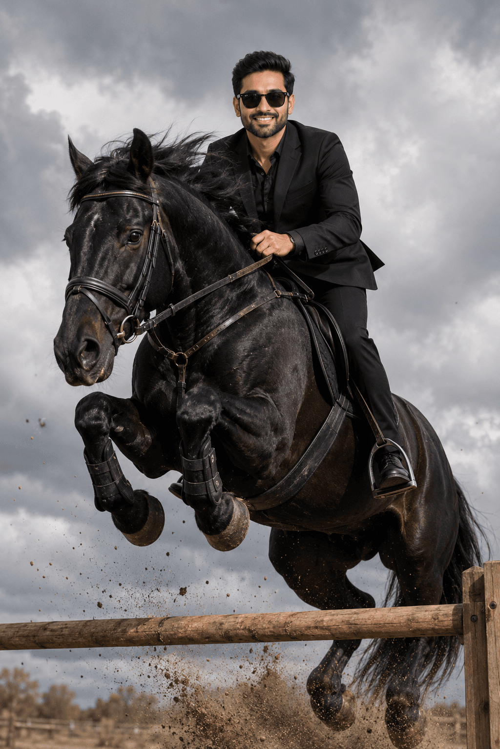 Man in Black Suit Riding a Black Horse Mid-Air Jump