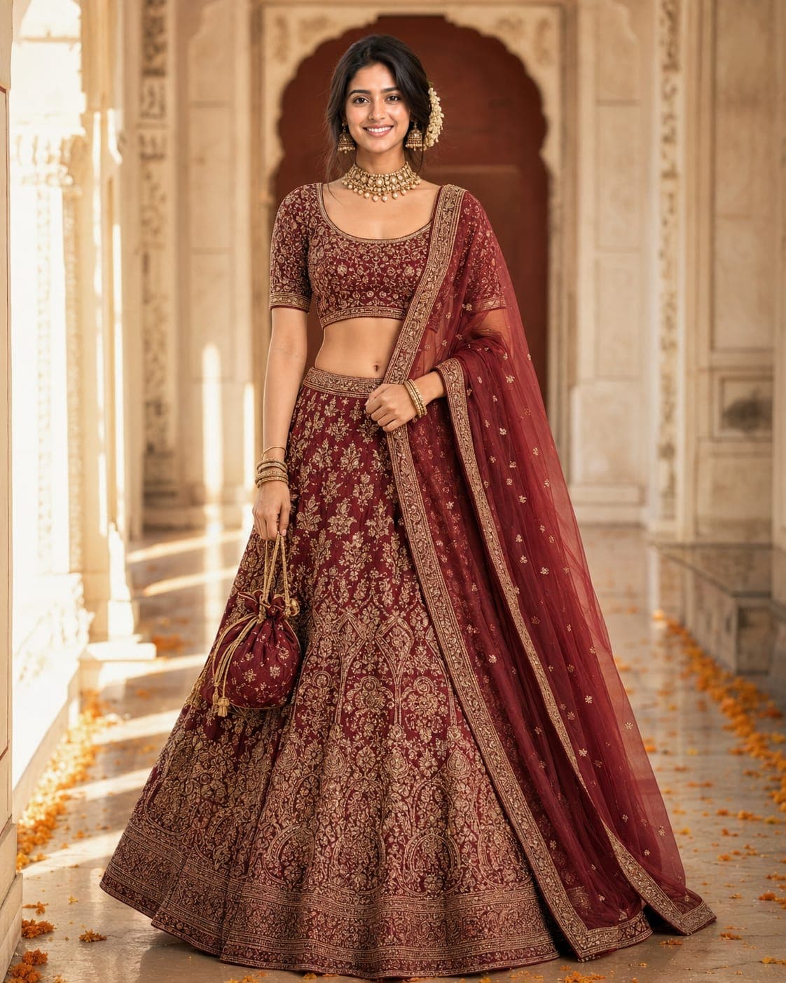 Burgundy Velvet Lehenga Editorial Portrait