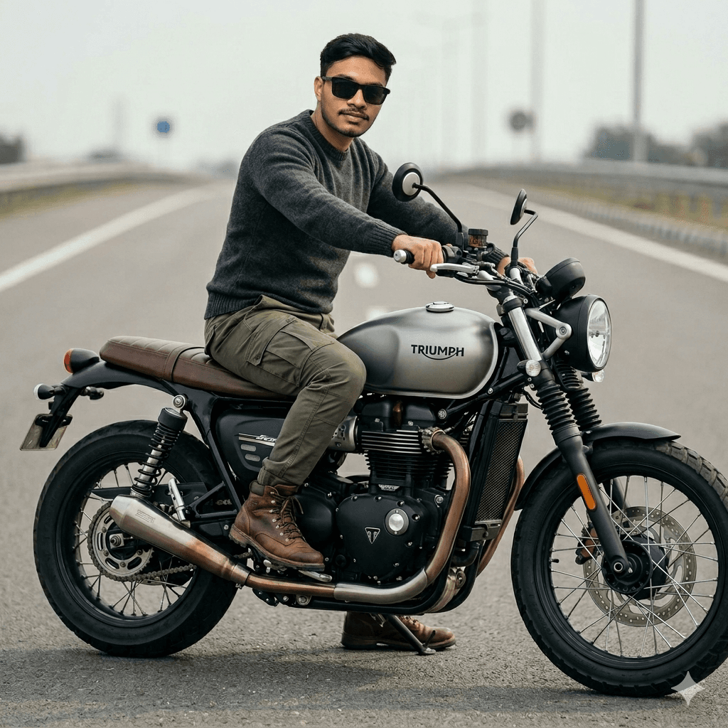 cinematic 8K image of a man sitting confidently on a modern motorcycle
