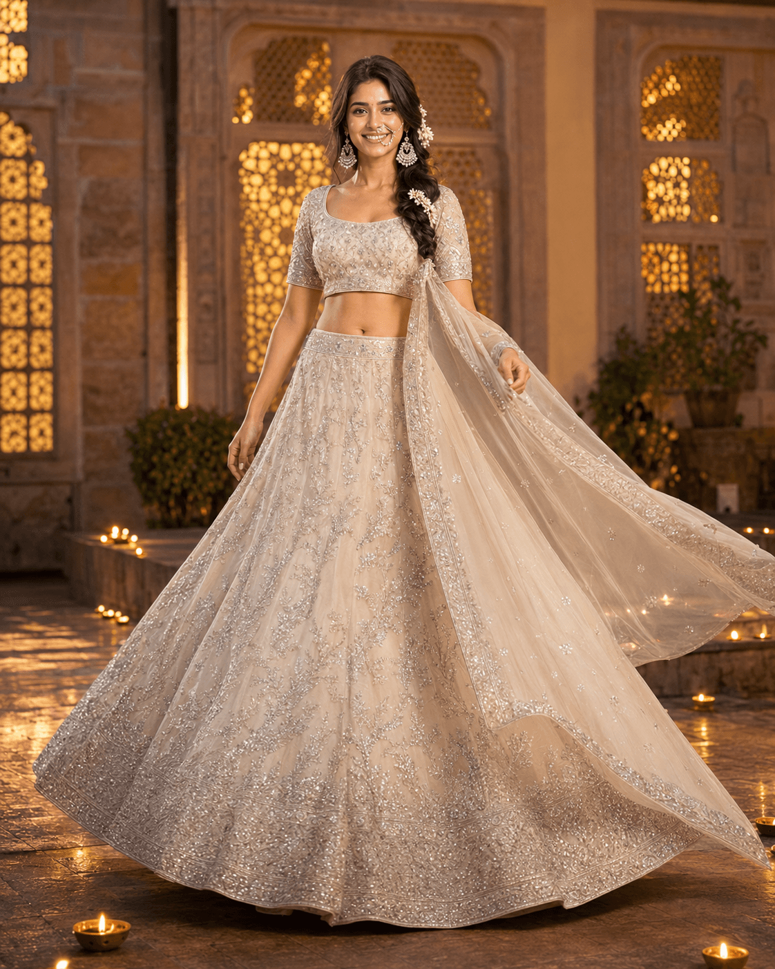 Ivory Zardozi Lehenga in Royal Courtyard at Dusk