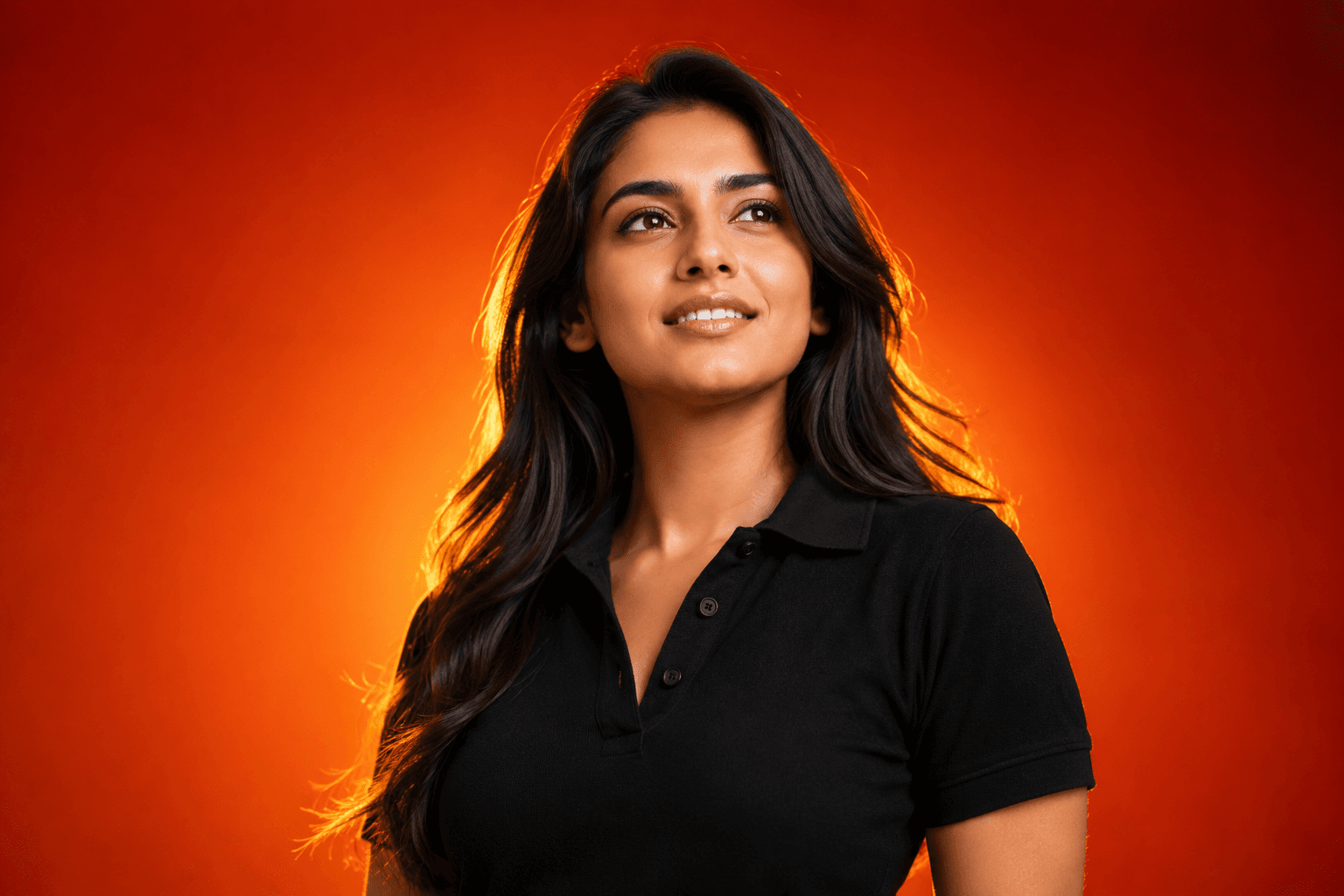 Confident Woman in Black Polo Shirt