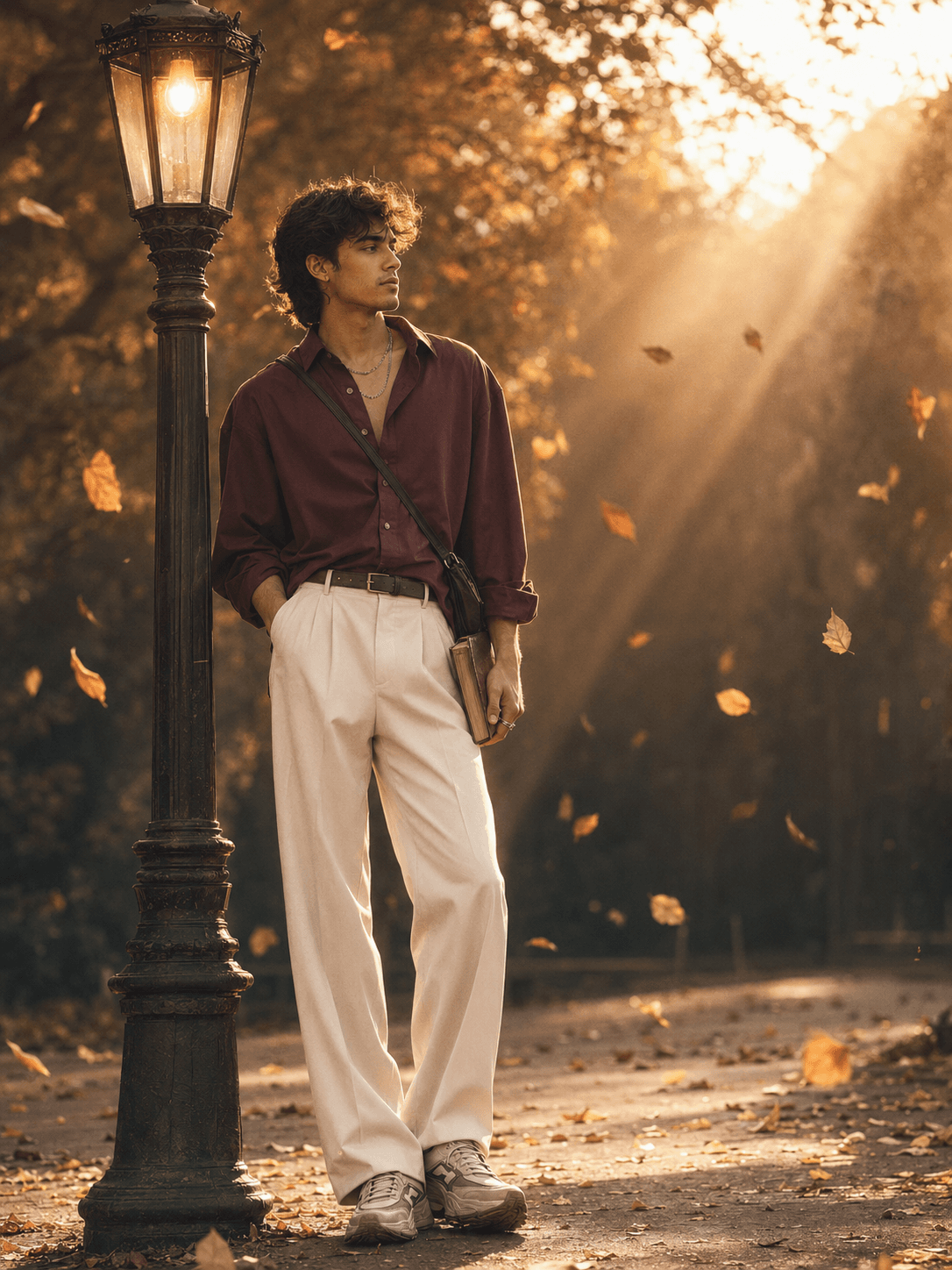 Golden hour reflections in autumn park