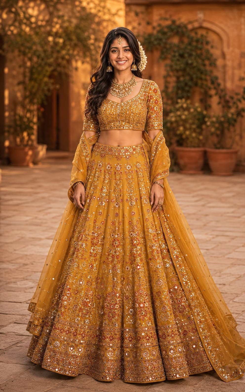Mustard Yellow Mirror Work Lehenga Potrait