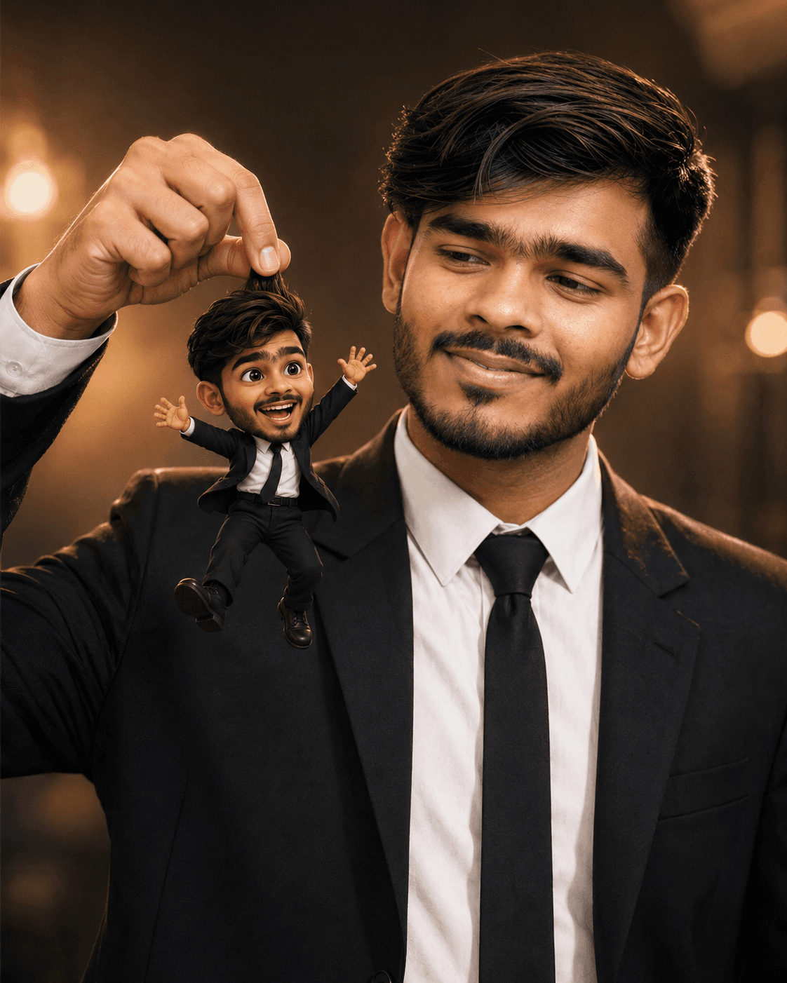 Playful portrait with miniature self